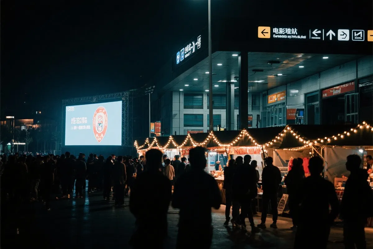 费城球迷广场夜景：大屏观赛人群、步行指示牌与公共交通入口
